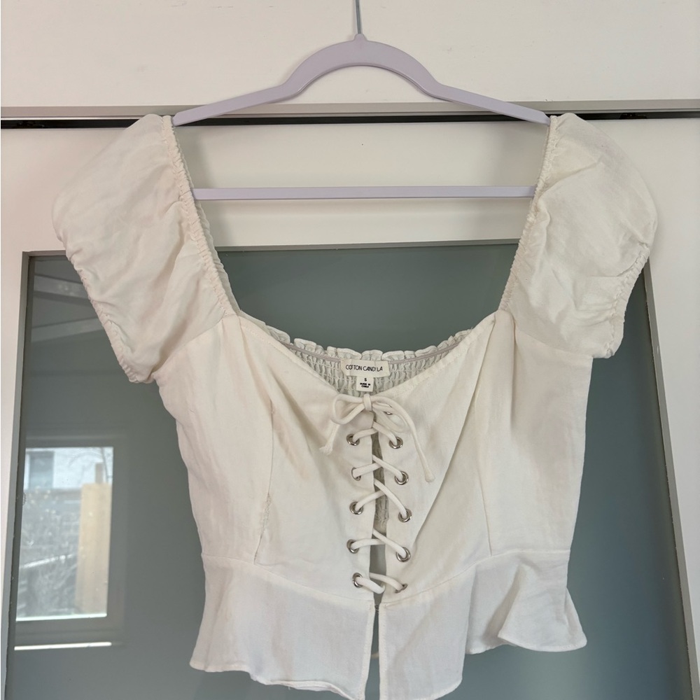 Cotton Candy Cream Blouse with Square Neckline and Tie Front